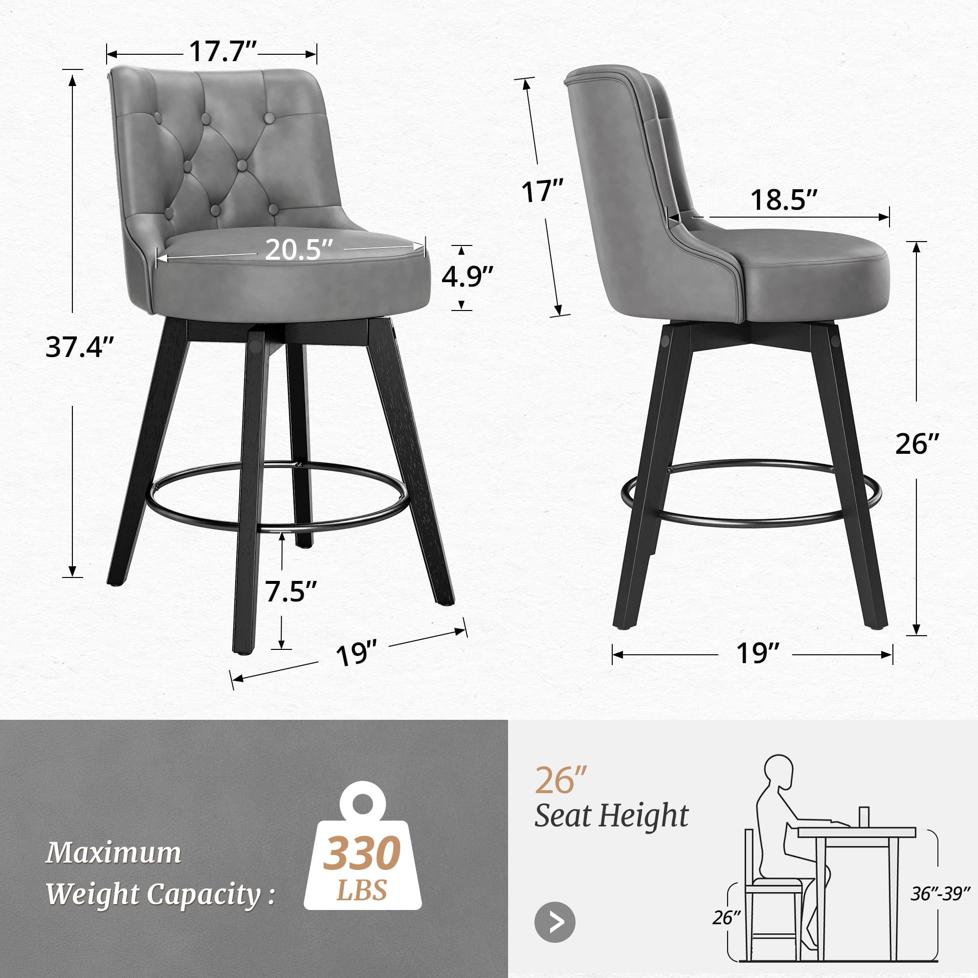 Dycanpo 26" Swivel Counter Height Bar Stools, with Back Faux Leather for Home Kitchen, Dark Gray