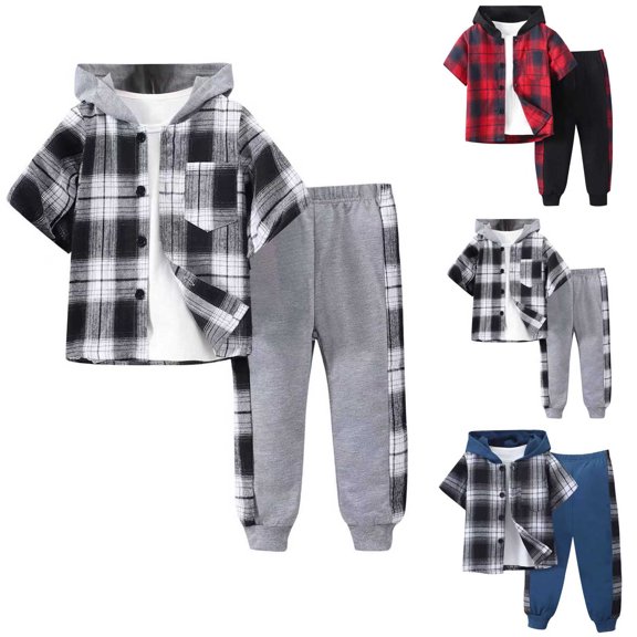 Agkizg Toddler Boys Clothing Set Hooded 2 Piece Set Short Sleeve Plaid Shirt Pants Set
