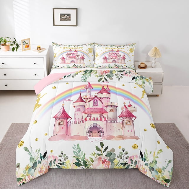 Erosebridal Ensembles de Literie Château Dessin Animé Très Grand avec Couette, Ensembles de Couette Kawaii Fée Format Très Grand, Décoration de Princesse de Rêve, Réversible, Ultra Doux, 3 Pcs