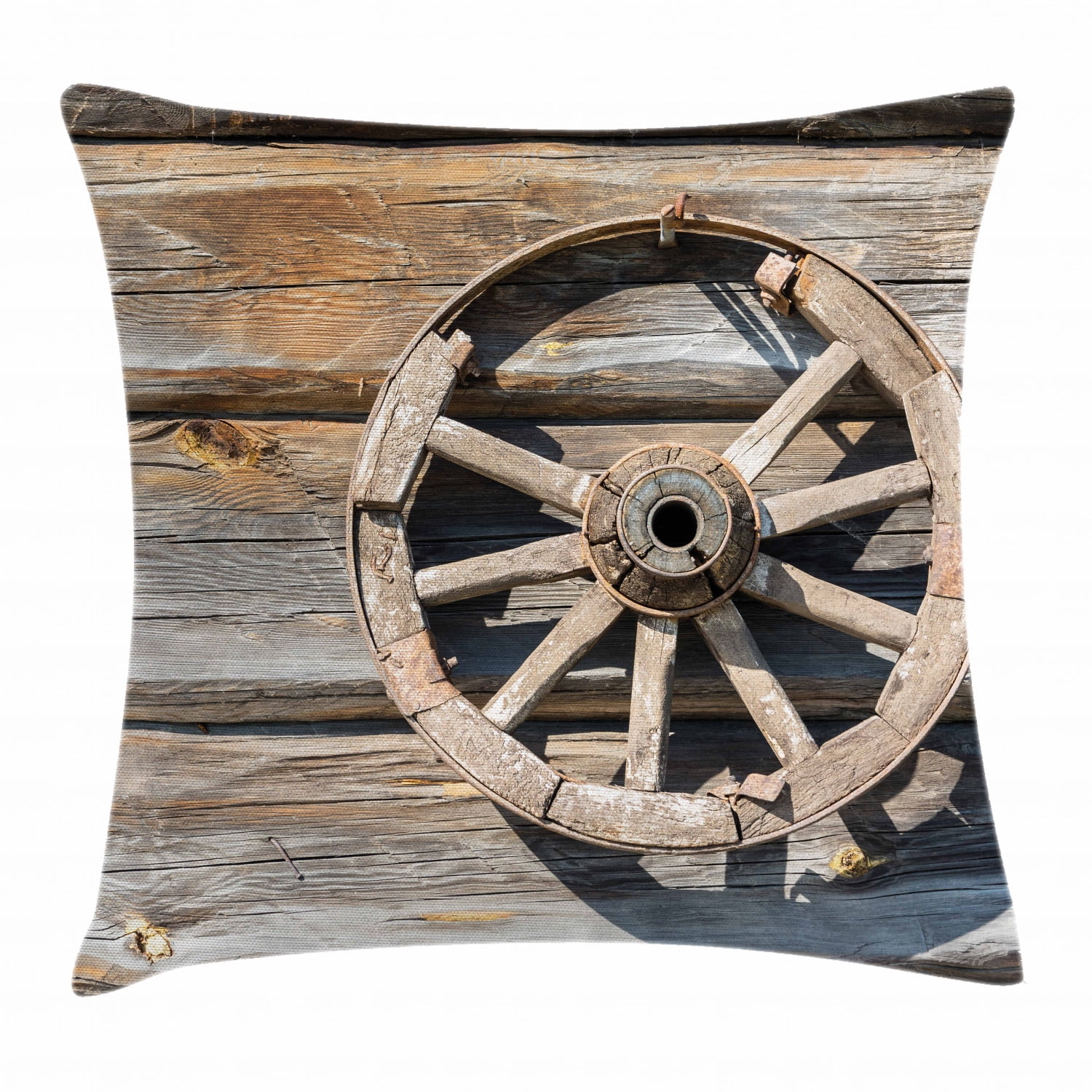 Barn Wood Wagon Wheel Throw Pillow Cushion Cover, Old Log Wall with