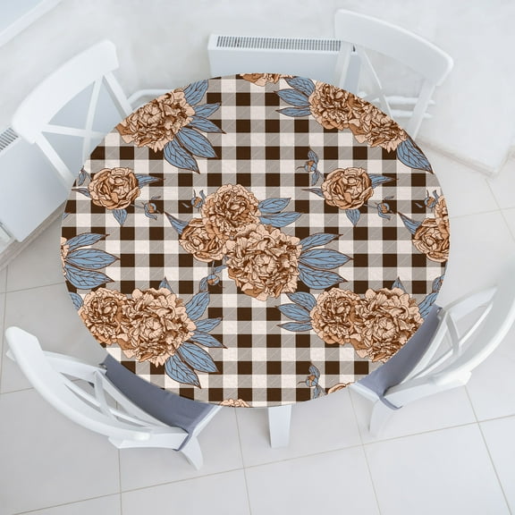 Ambesonne Nature Fitted Round Tablecloth, Peonies on Checkered Back, 40"- 44" Diameter, Pale Caramel and Slate Blue