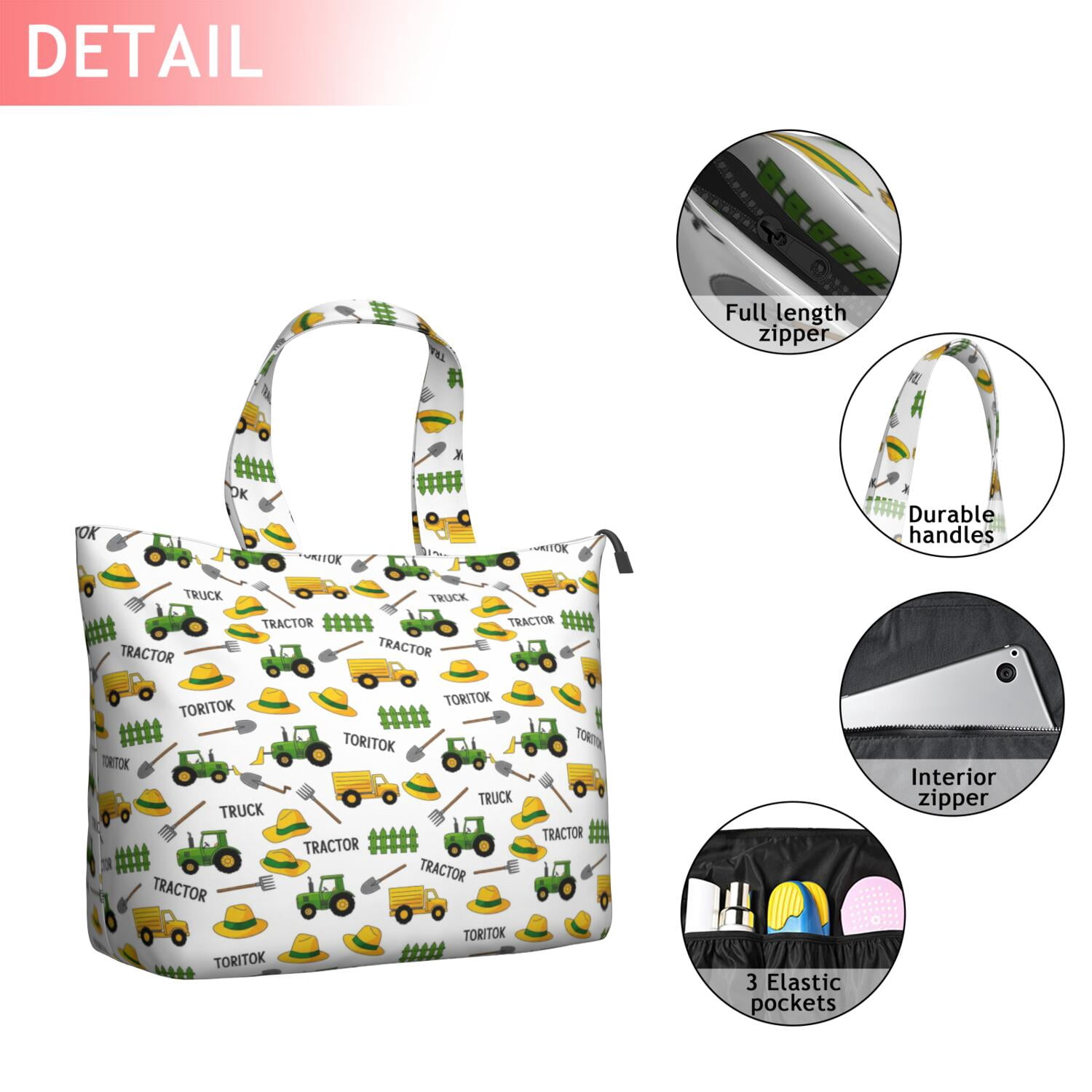 Cartoon Tractors Hats White Pattern Travel Tote Bags for Women Carry On,Large Weekender Bags for Women Travel,Multi Functional Duffle Bag for Work,Shopping,Sports