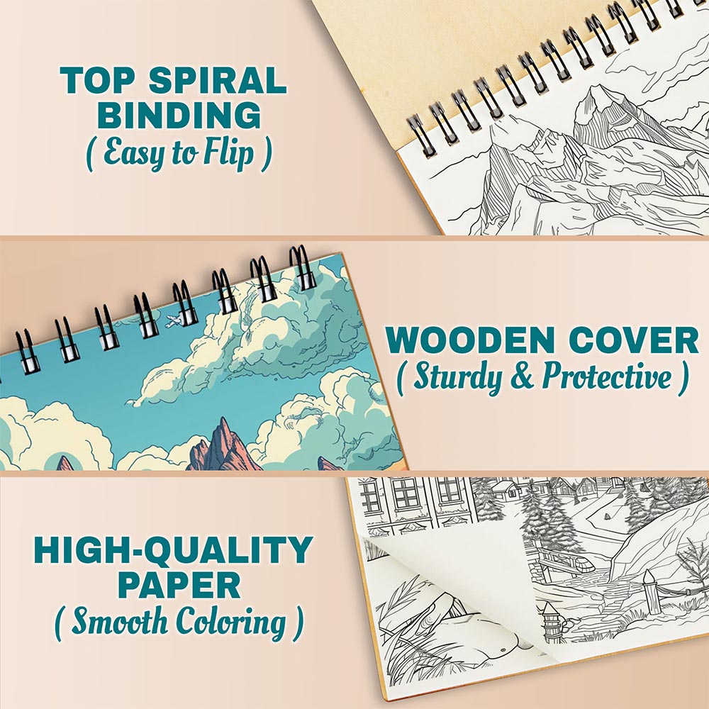 Netecom Alpine Wonders Coloring Book for Adults, A5 Wooden Cover, 30 Scenic Coloring Pages of Miracle Mountains for Stress Relief and Relaxation, Spiral Bound Edition