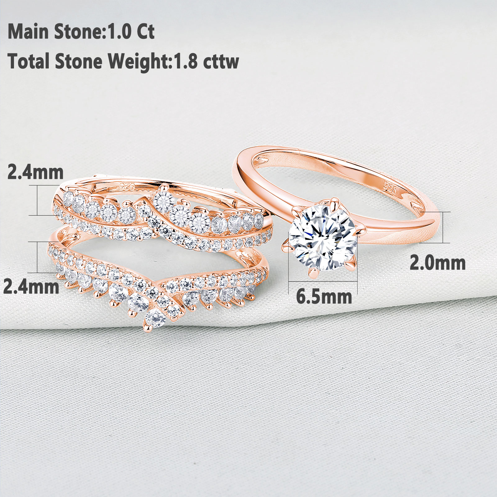 Newshe Wedding Rings for Women Engagement Ring Enhancer Band Bridal Set Sterling Silver 1.8Ct Cz Rose Gold Size 7.5 - image 4 of 7