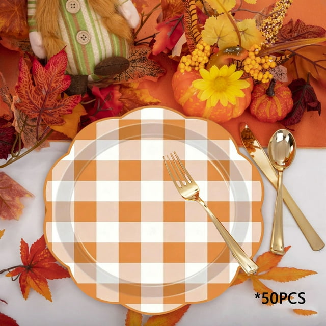 wycnly 50PCS Thanksgiving Fall Pumpkin Paper Plates Party Supplies Maple Disposable Tableware Autumn Decor 18/23cm