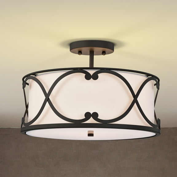 Warehouse of Tiffany Kine Brown 3-Light Metal & Fabric Drum Semi-Flush Mount