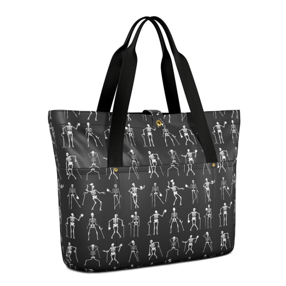Tote Bag for Women - Black Halloween Dancing Skeleton Pattern Shoulder Bag - Large Utility Work Duffle Bag with Zipper Handbag for Travel, Work, Sprots