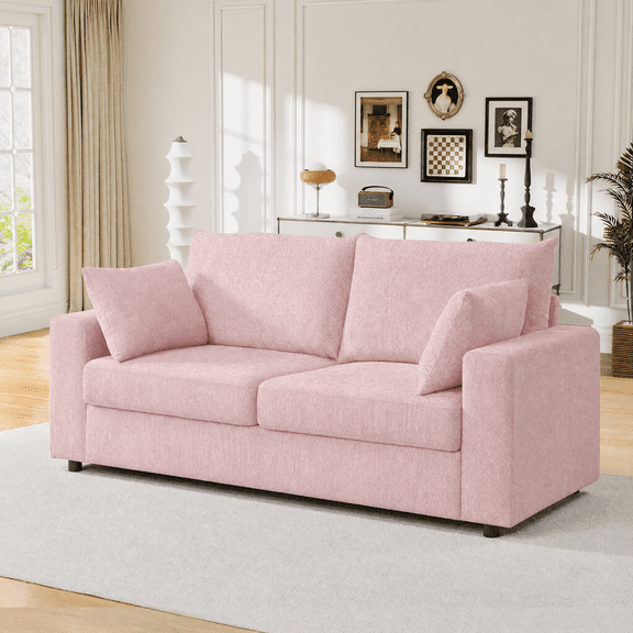 Muumblus 71"L Linen Sofa, Deep Seat Living Room Upholstered Sofa, Pink