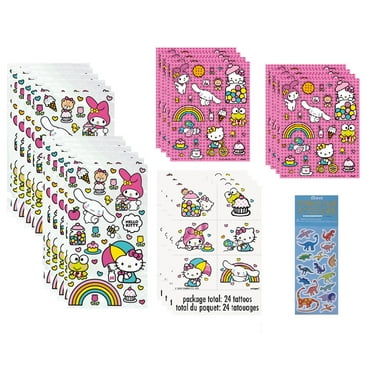 Hello Kitty Birthday Party Supplies Bundle includes 16 Plastic Cello Bags, 8 Sticker Sheets with 192 Stickers, 24 Tattoos, 1 Dinosaur Sticker Sheet