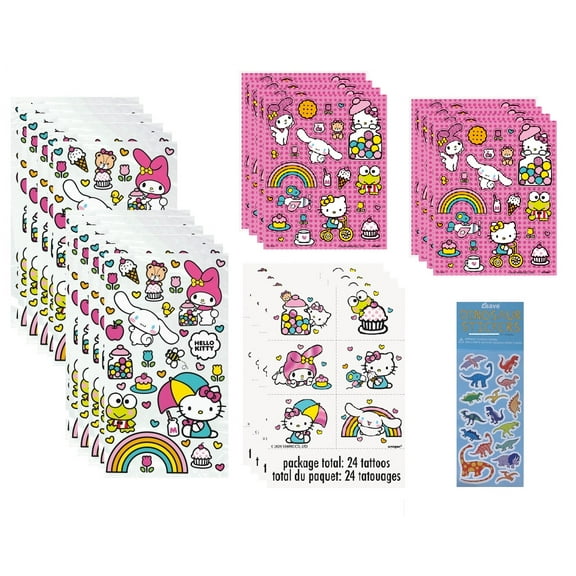Hello Kitty Birthday Party Supplies Bundle includes 16 Plastic Cello Bags, 8 Sticker Sheets with 192 Stickers, 24 Tattoos, 1 Dinosaur Sticker Sheet