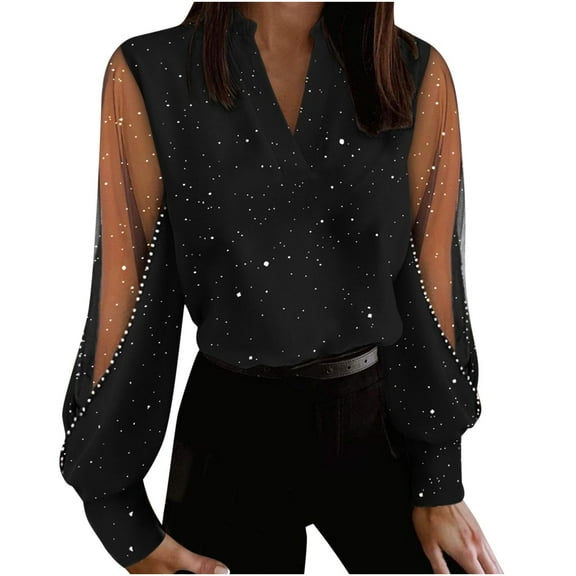 Mesh Tops Women Sparkly Rhinestone Studded V Neck Dressy Party Office Blouses Long Sleeve Shiny Clubwear (XL, Black)