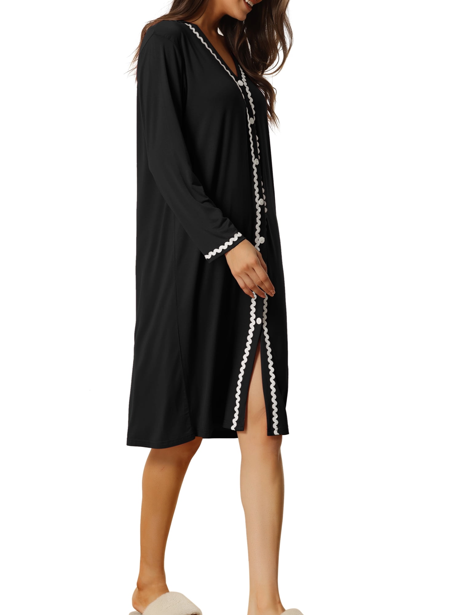 Unique Bargains Womens Nightshirt Button Down Nightgown Long Sleeve Pajama Sleepshirt S Black
