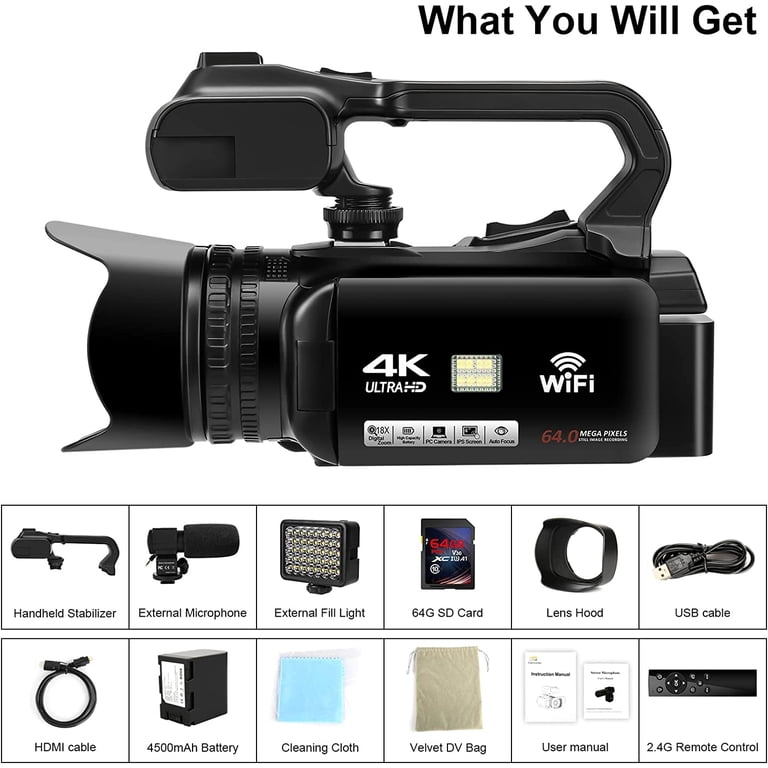 Video Camera Camcorder 4K 64MP 60FPS,HD Auto Focus Vlogging 4.0