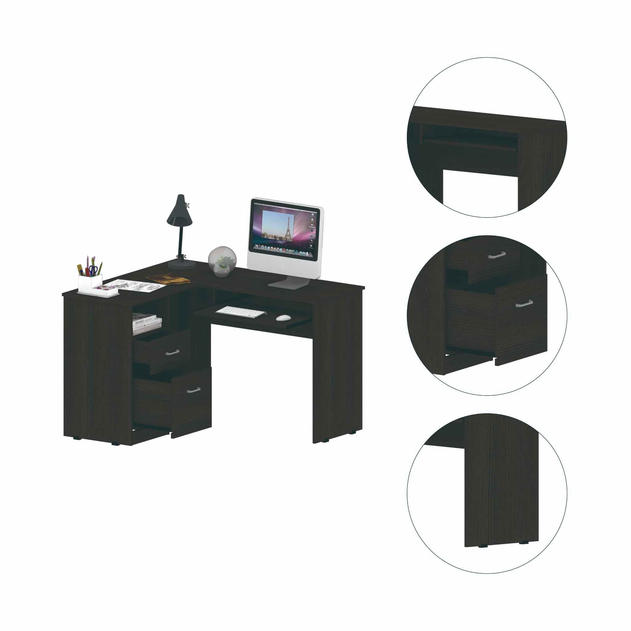 Mix L-Shaped Desk, Keyboard Tray, Two Drawers, Single Open Shelf Light Gray