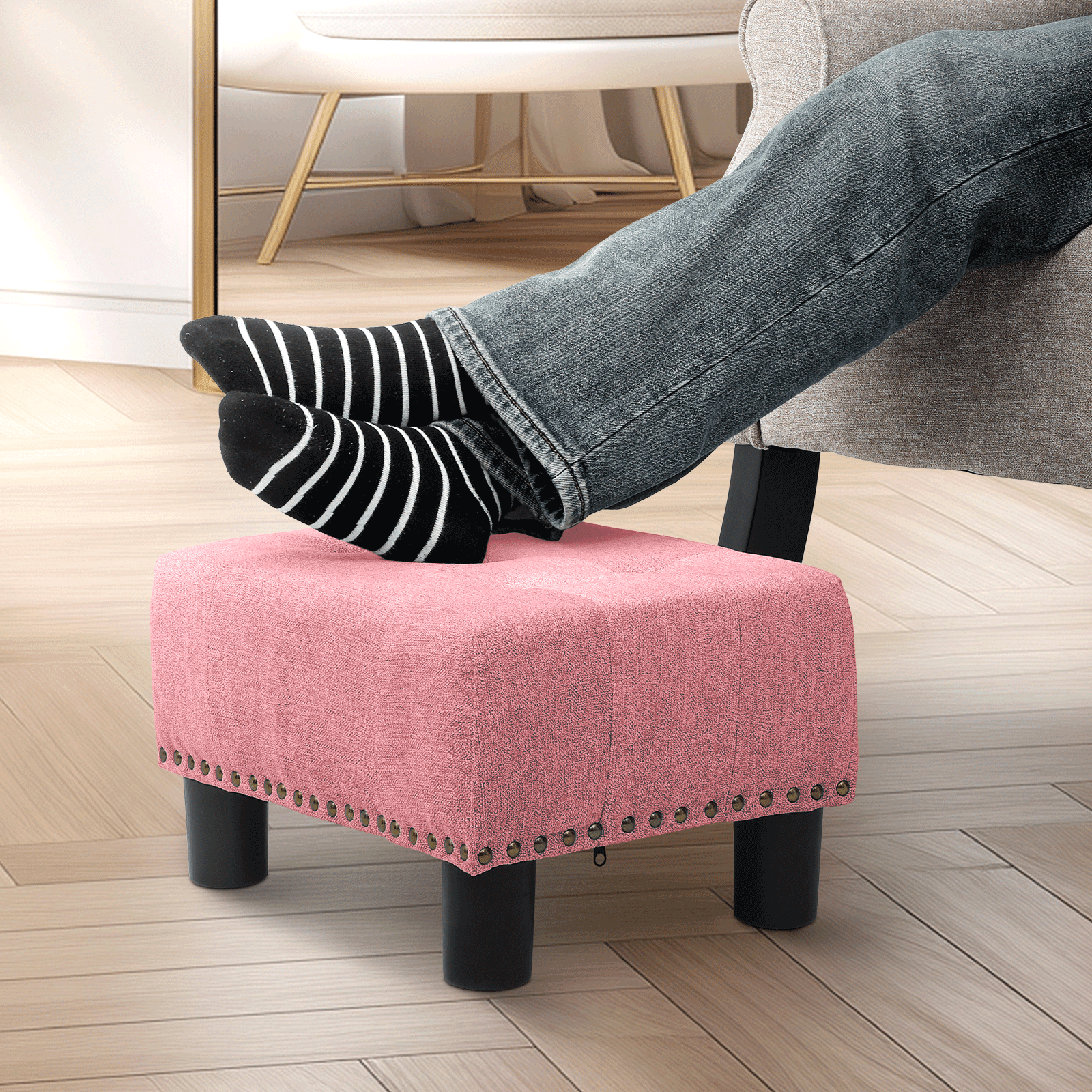 Magshion Foot Stool Ottoman with Padded Seat, Modern Cotton-linen Footrest, Rectangular Seat Stool, Pink