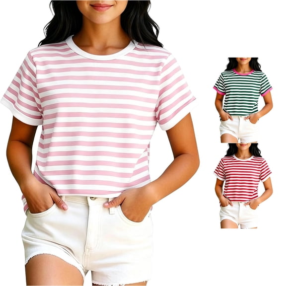 JAJAHO Girls Striped Tees For Kids Casual Summer Round Neck Short Sleeve Loose Fit T Shirt 2-13Y