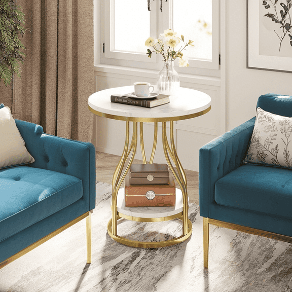 Tribesigns Round Side Table, 2-Tier End Table Modern Bedside Table with Metal Frame for Living Room, White Gold