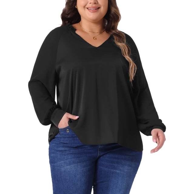 Blusas de mujer de talla grande GRACE & GRANDEUR con mangas largas transparentes y cuello en V con volantes 4X Negro
