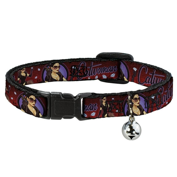 DC Comics Breakaway Cat Collar With Bell, Plastic Clip, Easy Adjustable, Catwoman Bombshell Pose Diamonds Red Purple Black, 8.5 to 12 Inches 0.5 Inch Wide