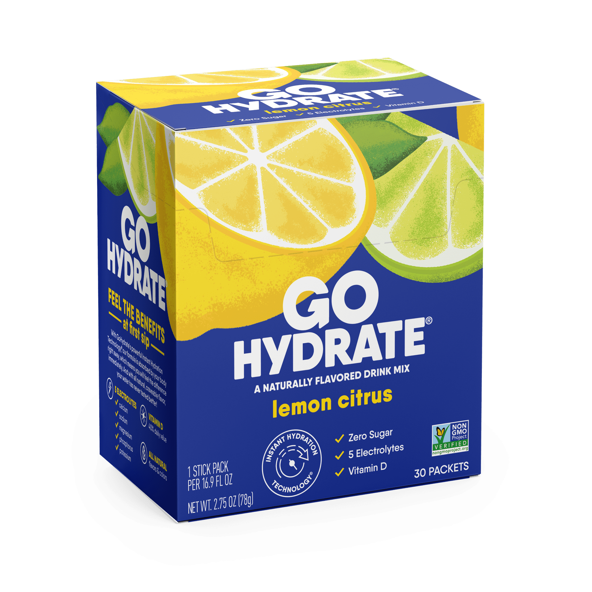 Electrolyte Hydration Drink Mix with Vitamin D, Non GMO Electrolyte Powder Hydration Pack, Lemon Citrus, 30 Hydration Powder Packets - GoHydrate