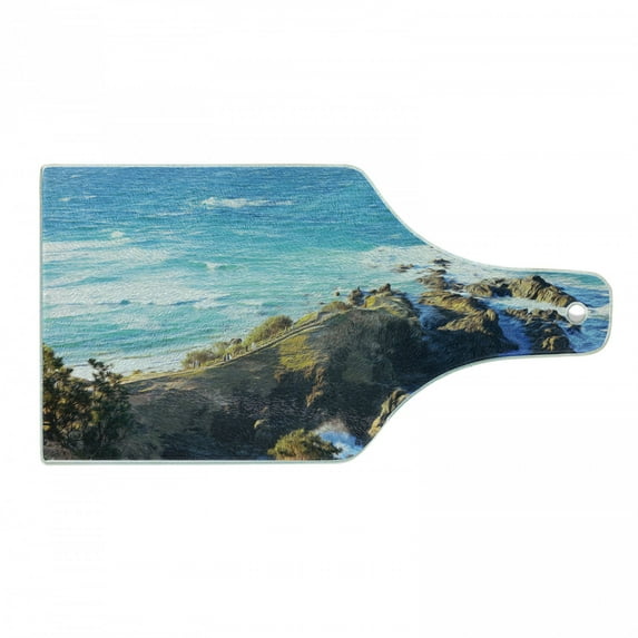 Country Cutting Board, Aerial View of Australian Cliffs by the Sea with Waves High Destination of Nature, Tempered Glass Cutting and Serving Board, Wine Bottle Shape, Navy Brown, by Ambesonne