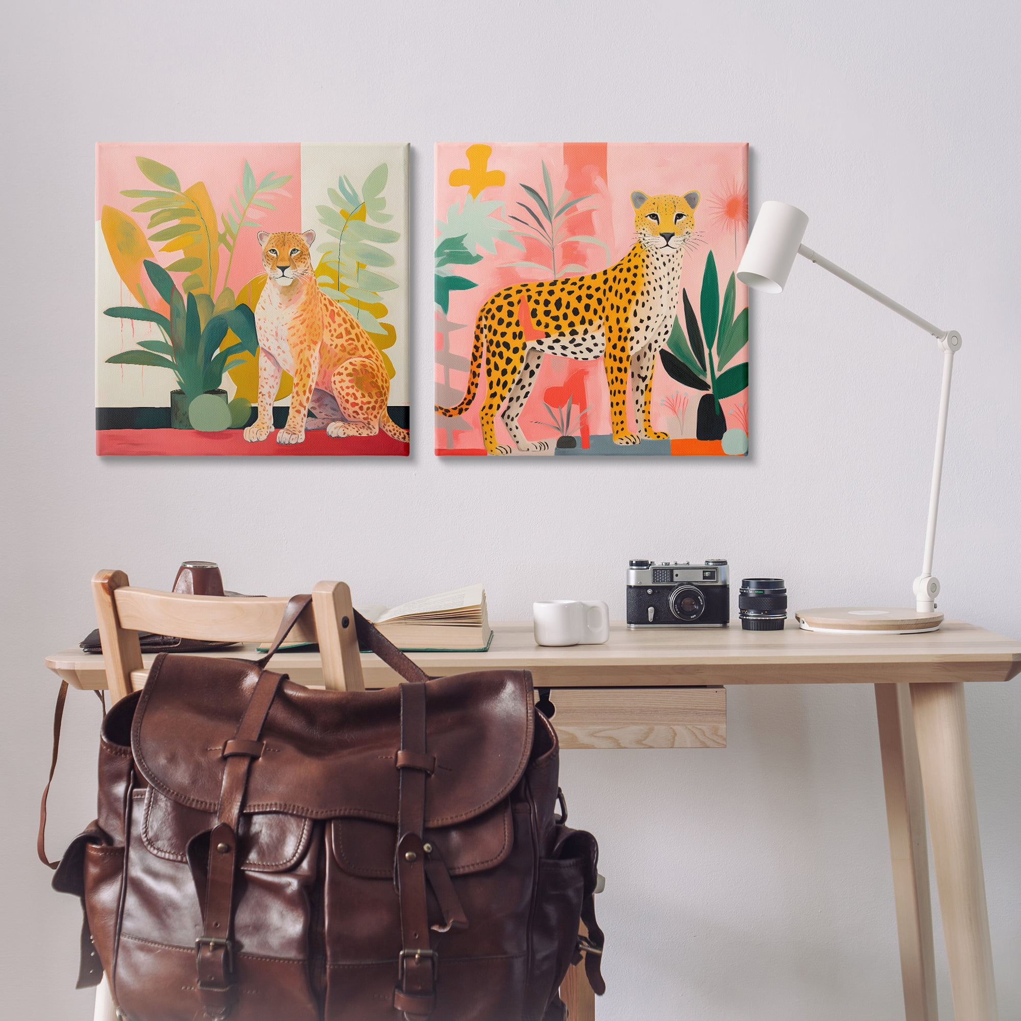 Stupell Industries Jaguar Leopard Potted Palms Animals Painting Wrapped Canvas Art Print Wall Art, 24 x 24, Set of 2