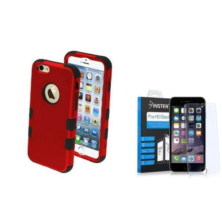 Insten Hybrid 3-Layer Protective Hard PC Outer/Silicone Inner Case for iPhone 6 6s - Red/Black (+ Tempered Glass Screen