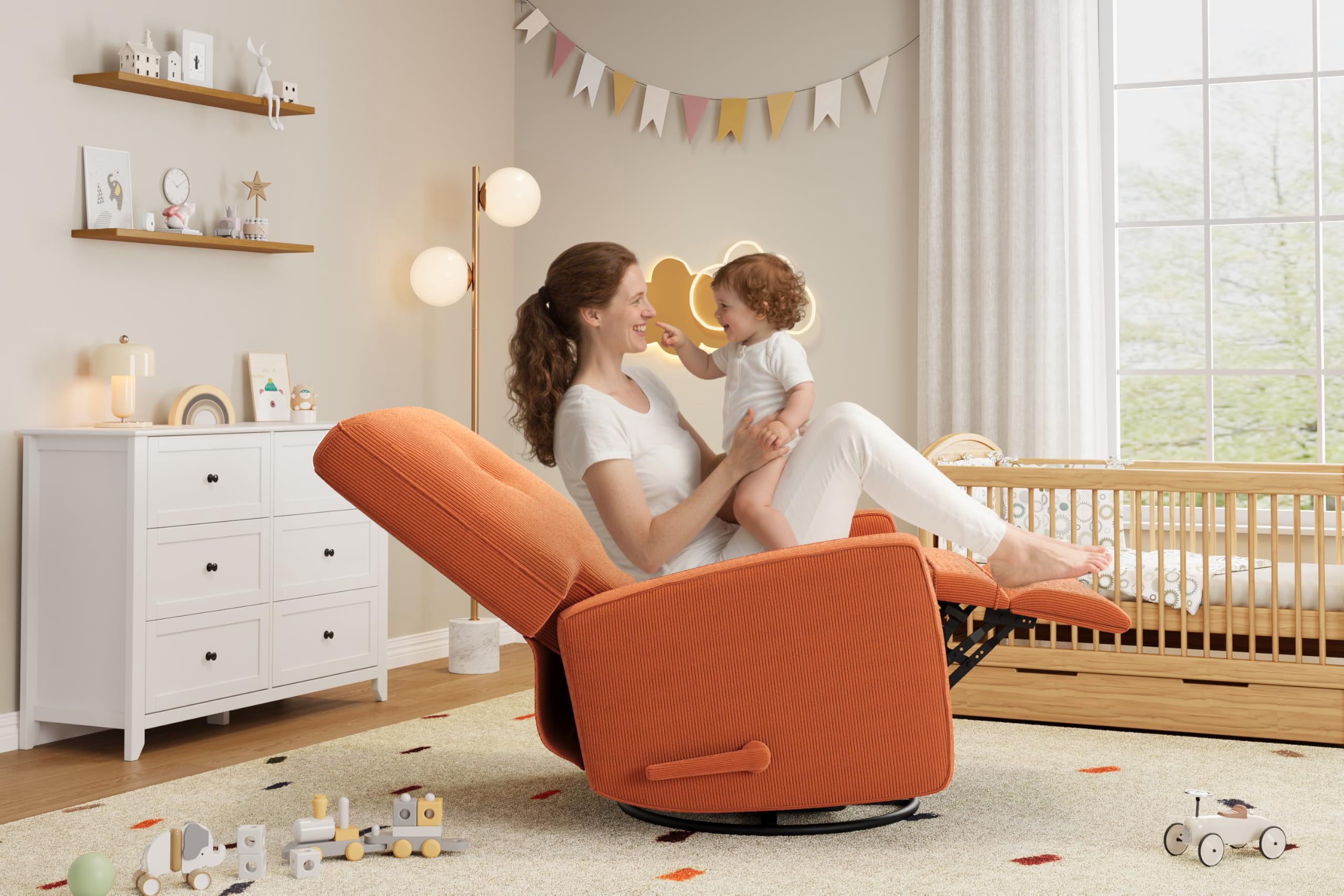 Modern Swivel Glider Recliner for Nursery & Small Spaces 360° Rocking Chair with Adjustable Lumbar Support & Footrest | Corduroy Upholstery for Apartment Living Room & Bedroom
