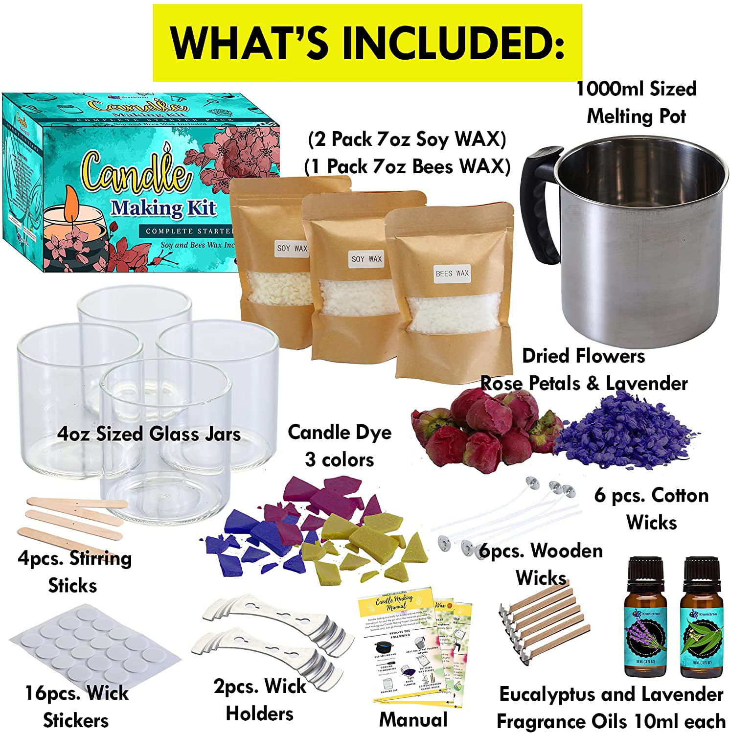 Kronictron Complete DIY Candle Making Kit Supplies for Adults and Kids with  Glass Jars, Includes Soy & Bees Wax, Fragrance Oil, Colors Candle Dye,  Wicks, & More 