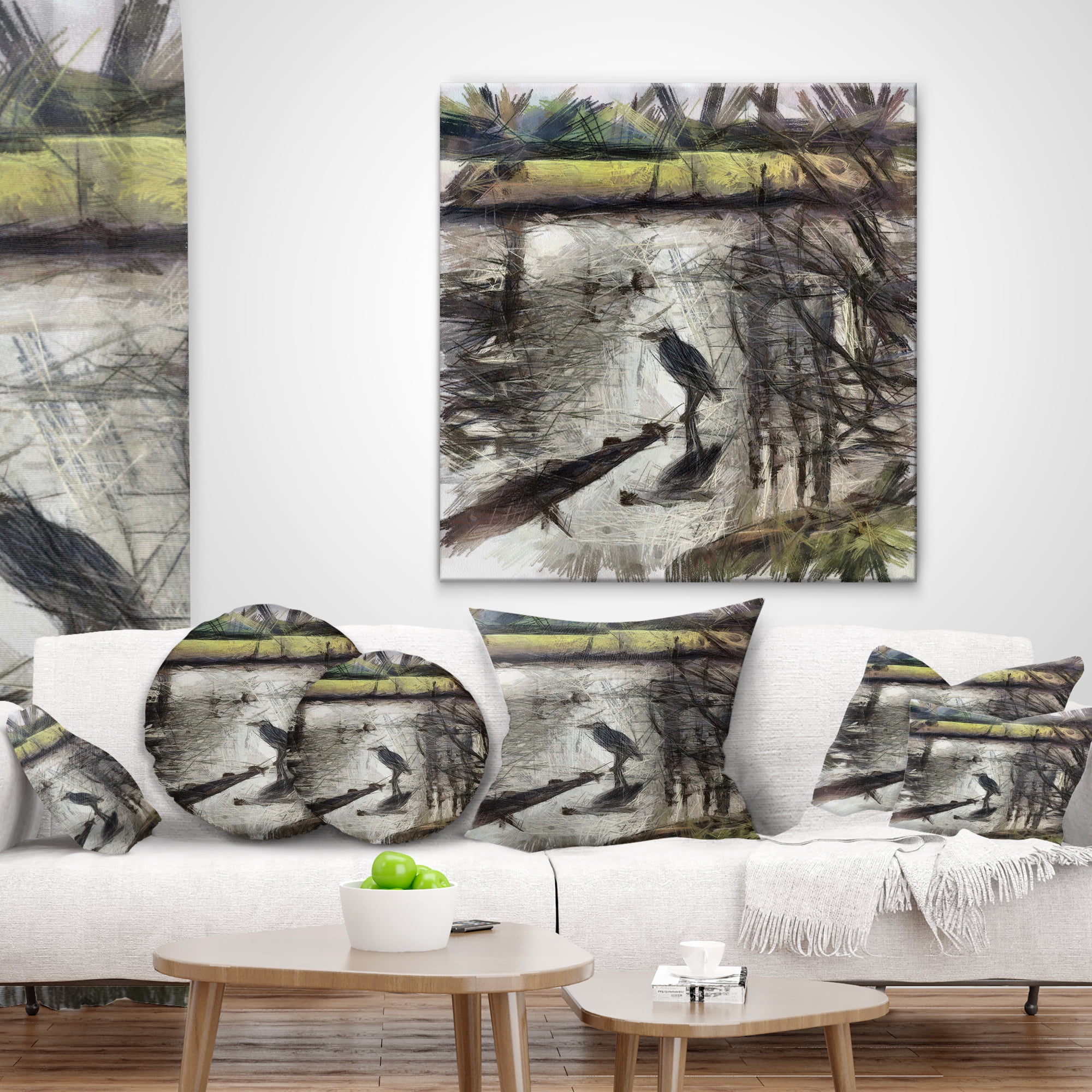 Designart Bird in National Park Watercolor - Landscape Printed Throw Pillow - 16x16