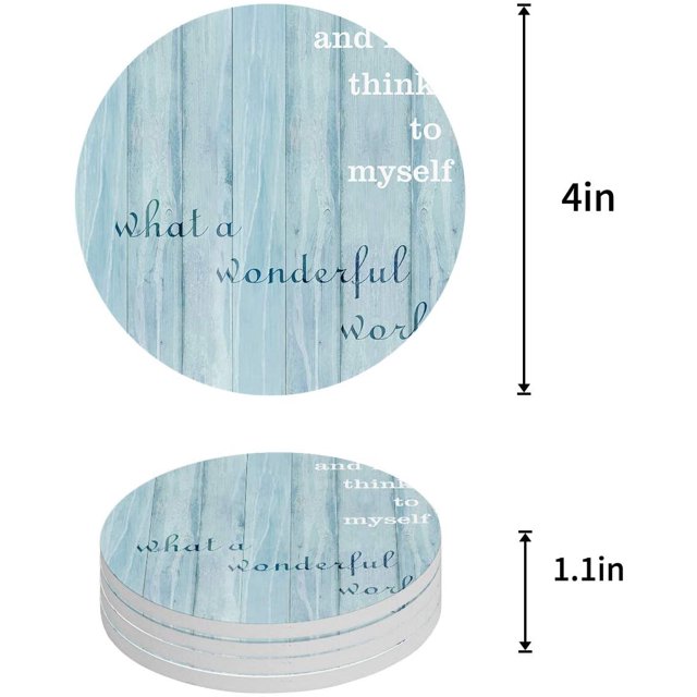 POGLIP What a Wonderful World Blue Art Rustic Wooden Board Set of 6 Round Coaster for Drinks, Absorbent Ceramic Stone Coasters Cup Mat with Cork Base for Home Kitchen Room Coffee Table Bar Decor