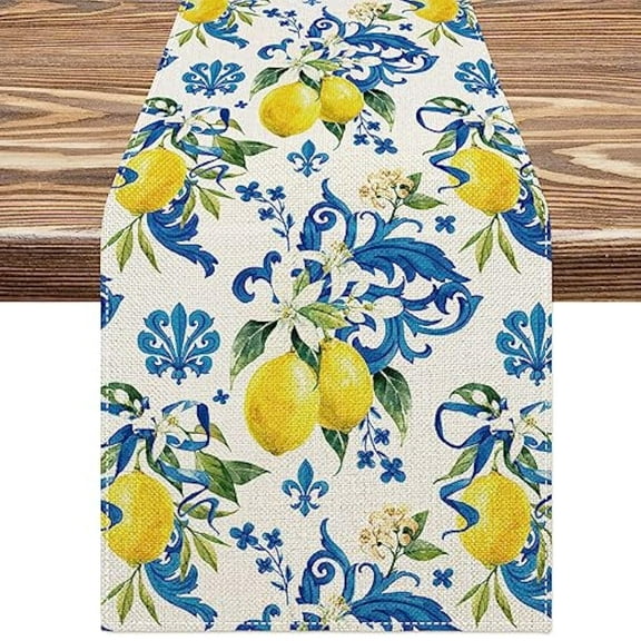 Remain Unique Lemon Table Runner Summer Blue Tiles Lemons Kitchen Dining Table Decoration Italian Lemons Table Cover for Indoor Outdoor Home Party Supplies, 13 x 72 inch