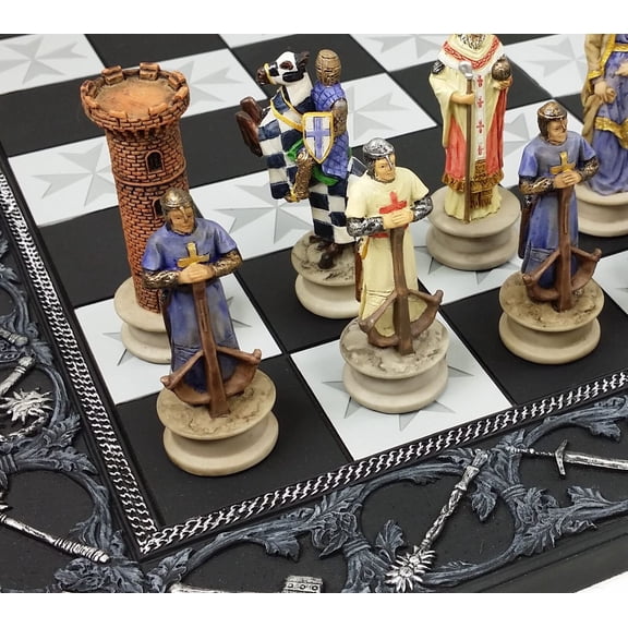 Medieval Times King Richard Painted Christian Knight Chess Set 17 Maltese Board