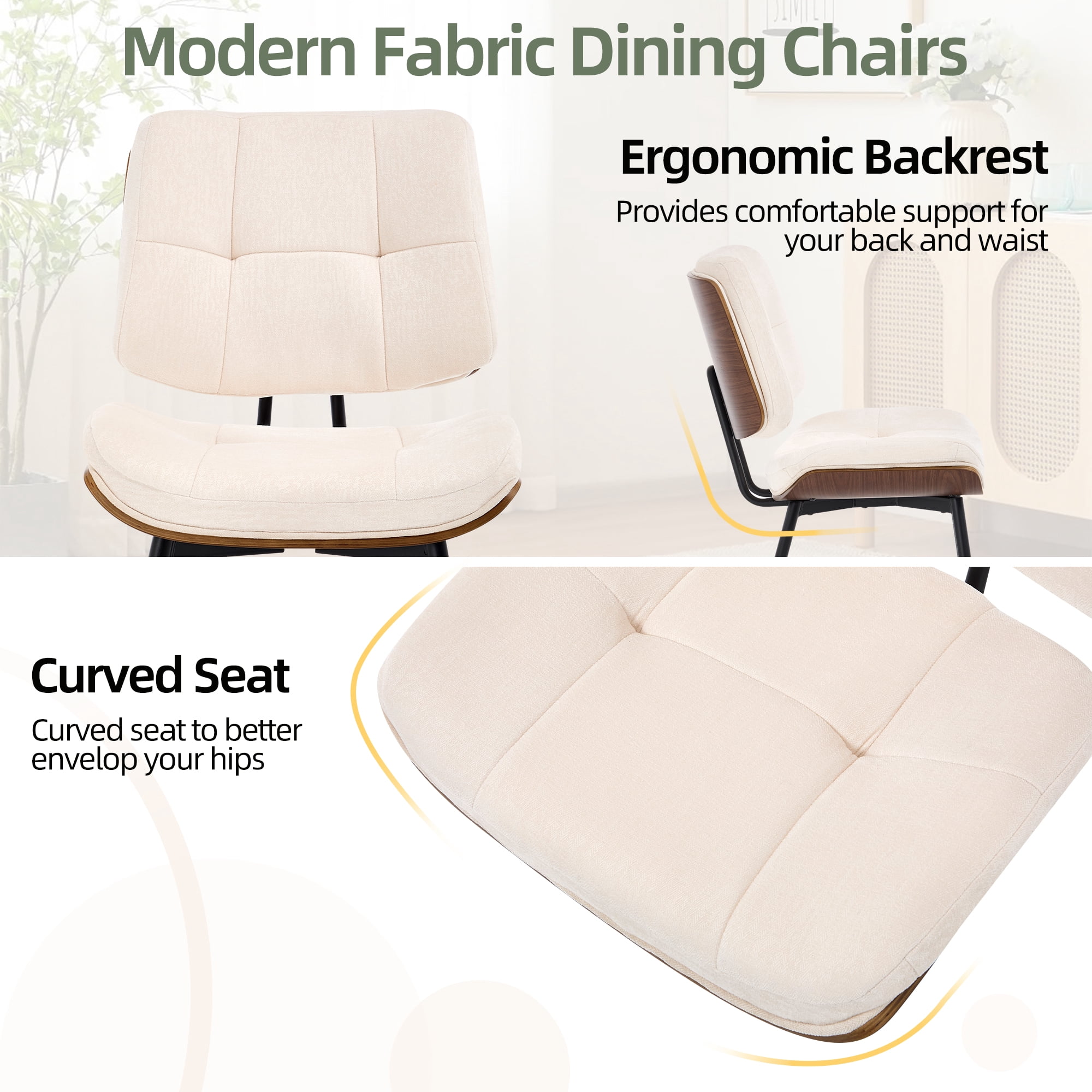 Dining Chairs Set of 4, Mid-Century Modern Kitchen & Dining Chairs, Fabric Upholstered Accent Chairs with Metal Legs, Walnut Style Armless Side Chairs for Guest Reception Waiting Room, Beige