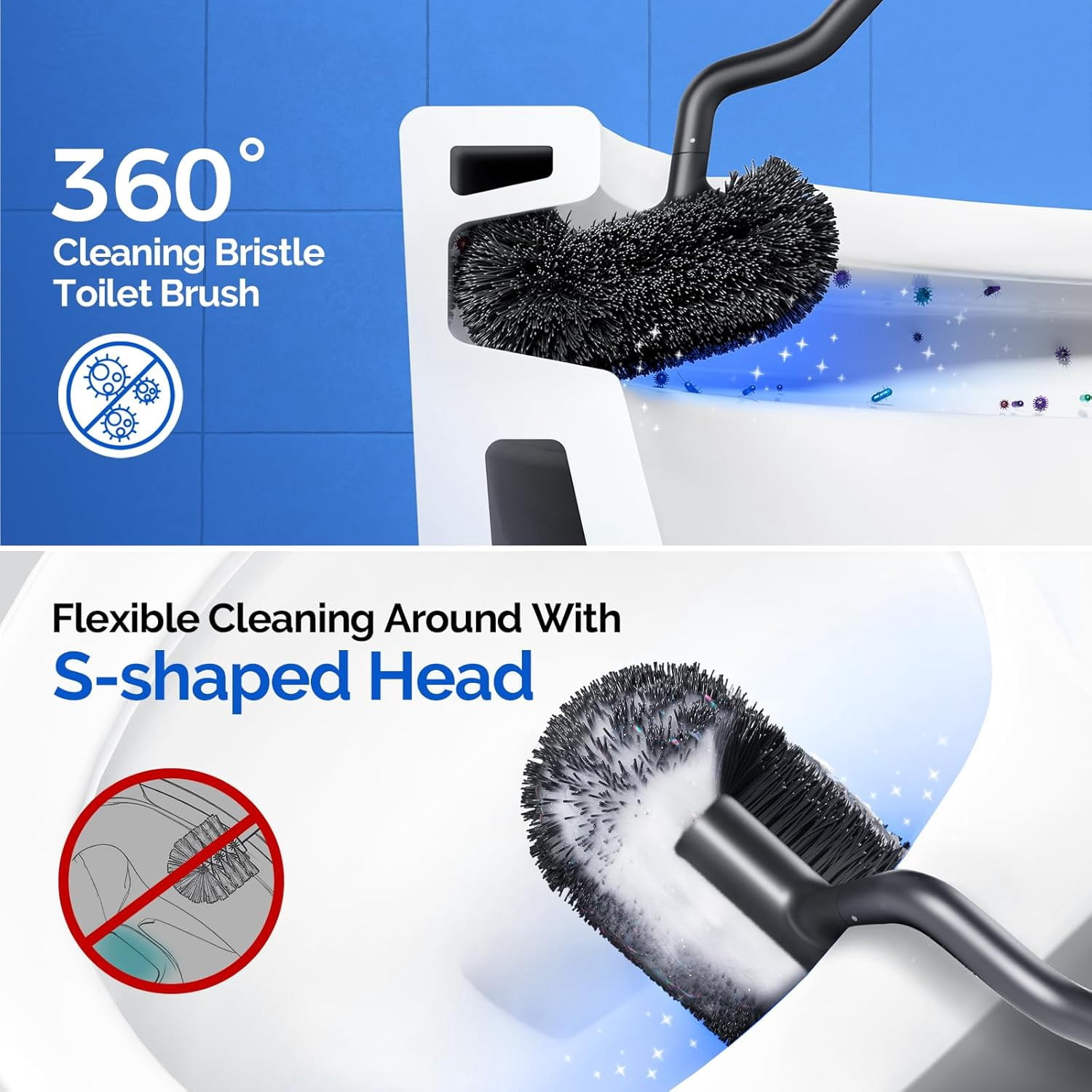 Toilet Brush and Holder Set: 304 Stainless Steel Heavy Duty Bowl Cleaner Brush - Deep Cleaning Under Rim Curved Bristle - Space Saving Wall-Mounted for Home RV Bathroom Accessories Silver