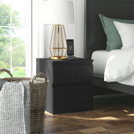 Brindle Low Profile Nightstand with 2 Drawers and USB, Black Oak, by Hillsdale Living Essentials