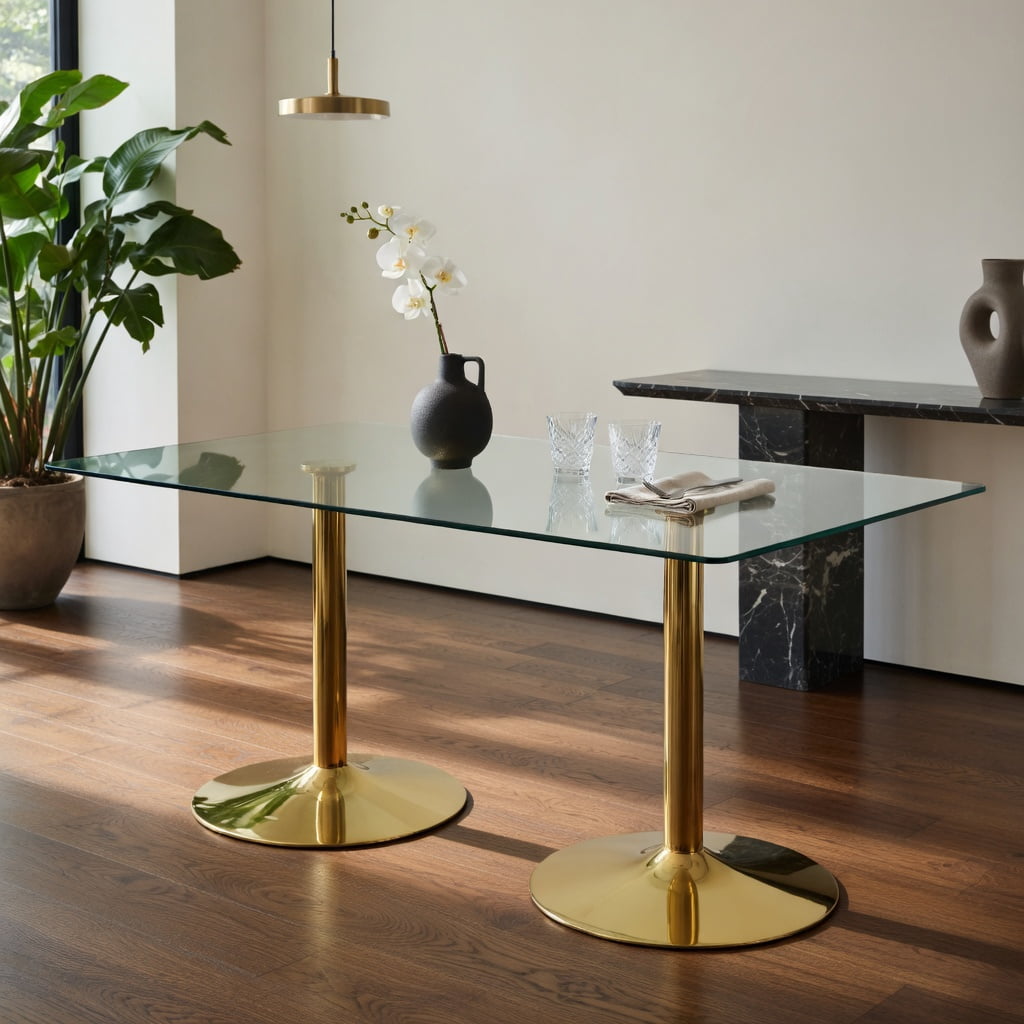 Hommoo Modern Minimalist Oval Glass Dining Table with Electroplated Metal Legs, 71 in L x 35.4 in W Tempered Glass Top, Ideal for Living Room & Restaurant, Gold
