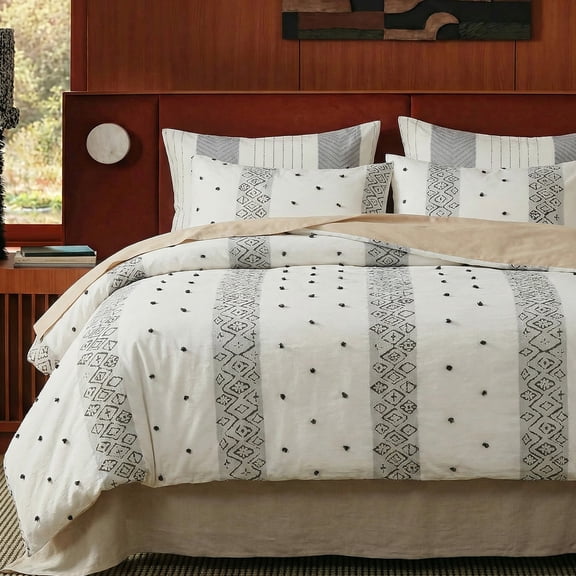 100% Cotton Duvet Cover Set , Neutral Ivory Bedding with Ethnic Stripe, 3 Pieces Soft Breathable Boho Geometric Bed Set for All Seasons