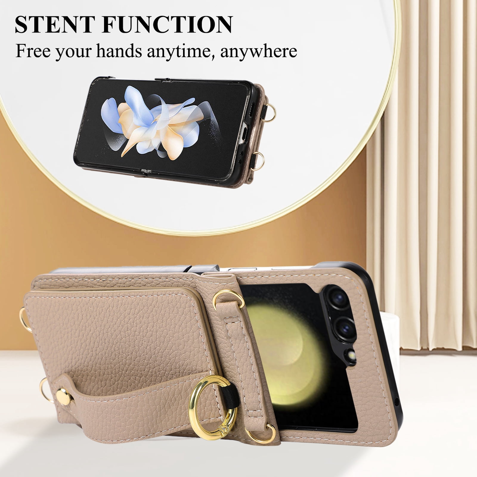 Dteck for Samsung Galaxy Z Flip 6 Wallet Case with Card Holder, Crossbody Wallet Case for Galaxy Z Flip6 5G with Hand Strap and Hinge Protection, Carrying Handbag Phone Case for Women Girls,Beige