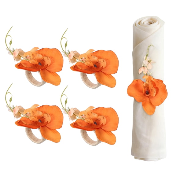 Uxcell 4Pcs Flower Napkin Rings, Handmade Orchid Napkin Ring Holders Buckles Table Decorations for Christmas Thanksgiving Valentine Decor Wedding Parties, Banquet, Home, Orange