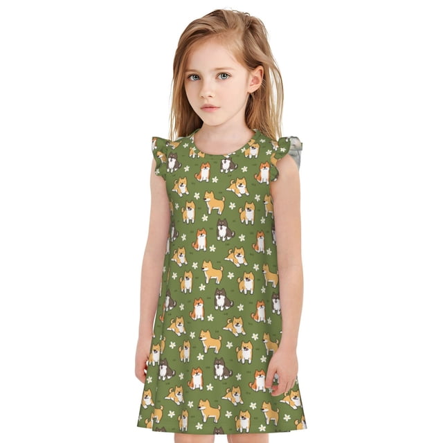 Fotbe Shiba Inu Dog And Flower Vestido de Dormir para Niñas de 3 a 10 Años, Mangas Cortas, Estilo Princesa, Pijama Camisón con Mangas Voladas-Small