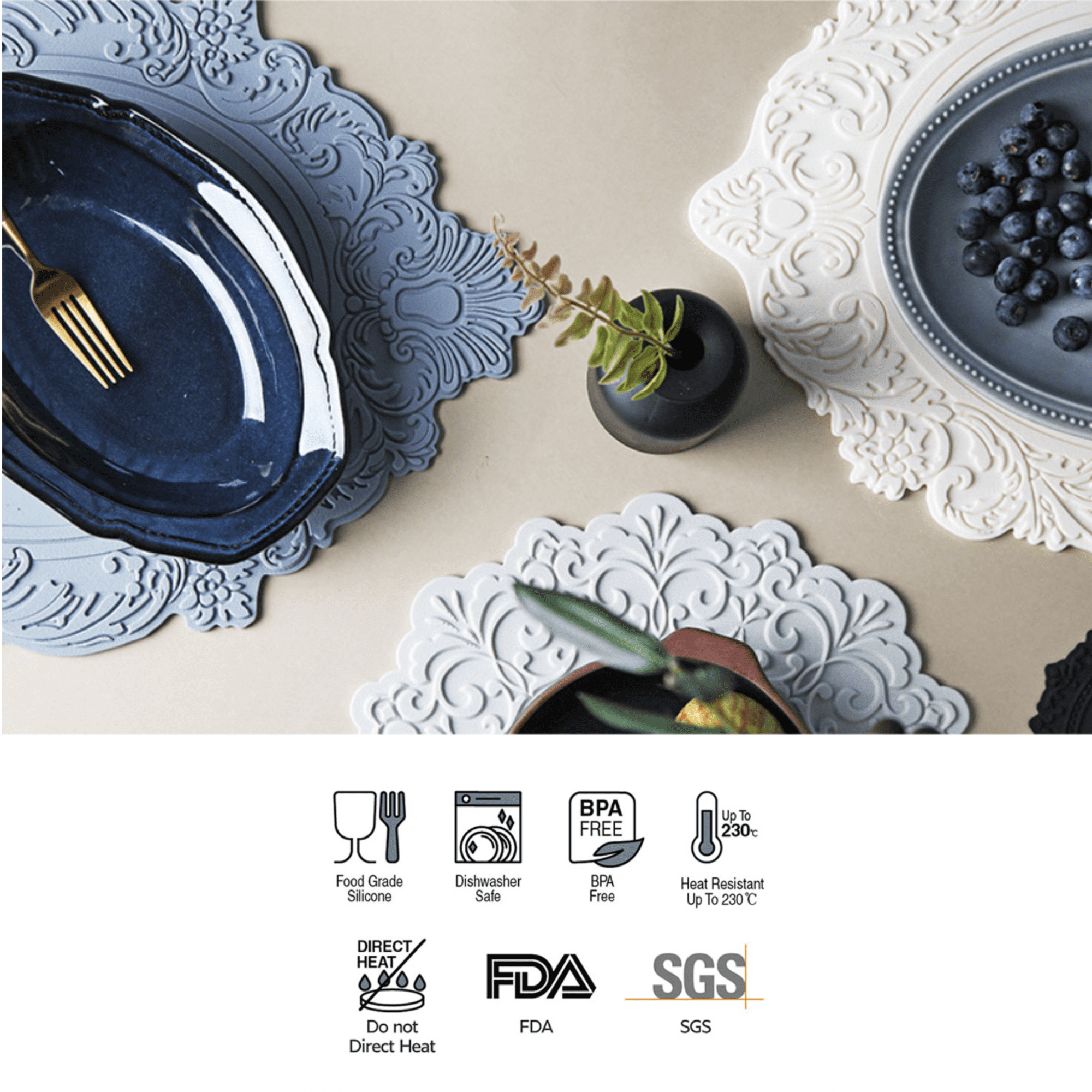 2 Set, Premium 18" Silicone Placemat – Heat-Resistant, Non-Slip & Waterproof – Easy to Clean, Dishwasher Safe Table Mat for Dining & Kitchen (Blue)