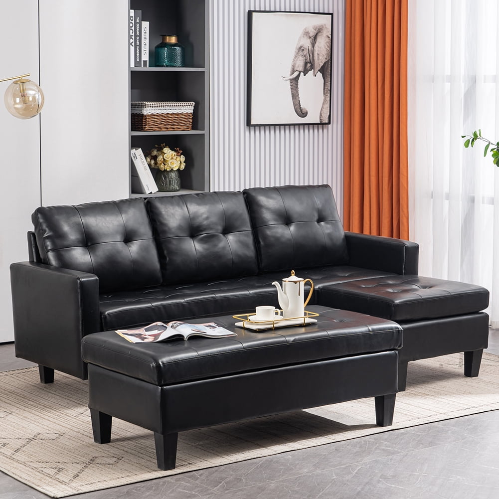 Lowestbest Solid Wood Upholstered PU Sofa, L-Shaped Minimalist Nordic Style Indoor Sofa, Black Lowestbest Solid Wood Upholstered PU Sofa, L-Shaped Minimalist Nordic Style Indoor Sofa, Black