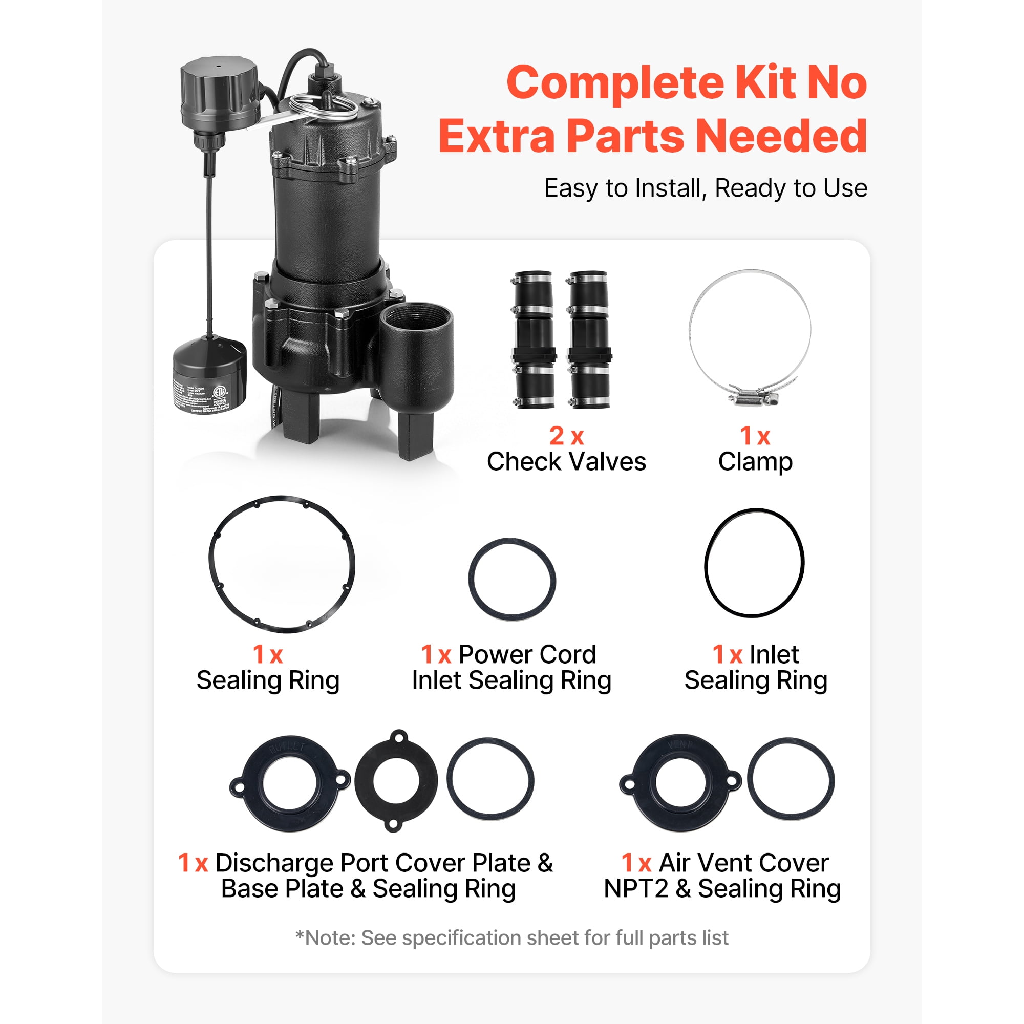 KFFKFF 1/2 HP Cast Iron Sewage Pump System with Basin Kit, 120V Automatic Water Collection and Removal System, Vertical Float Switch, 2" Discharge, Black