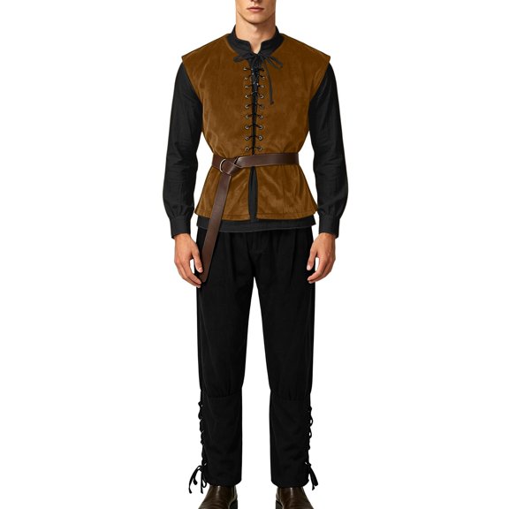 Yyuenw Men Medieval Renaissance 4Pcs Outfit Shirt Vest Pants Belt Cosplay Costume Theme Halloween Set