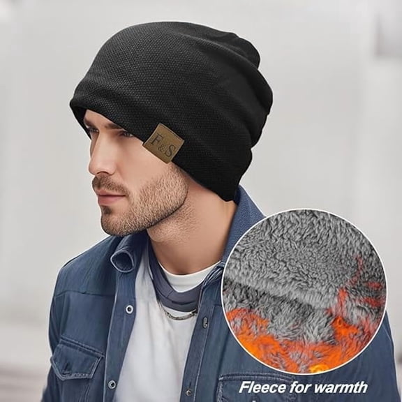 Mens Winter Hats,Winter Hats for Women Cold Weather,Men Baggy Beanie Knit Hat Winter Warm Fleece Wool Cap Ski Hat,Winter Hat Warm Knitted Thick Baggy Slouchy Beanie Skull Cap for Men(Black)