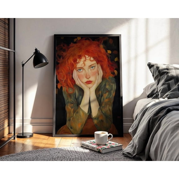 Red Hair Woman Poster Wall Art, Egon Schiele Style Portrait Illustration For Moody Artistic Decor UNFRAMED Poster, 24x36