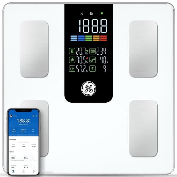 GE Smart Body Scale with Bluetooth – Measures Weight, BMI, Body Fat & Muscle Mass – 500 lb Capacity, White