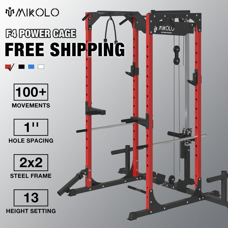 Mikolo Power Rack Cage with LAT Pulldown System 1200LBS Capacity Workout Rack Multi Functional Squat Rack with 13 Level Adjustable Height and