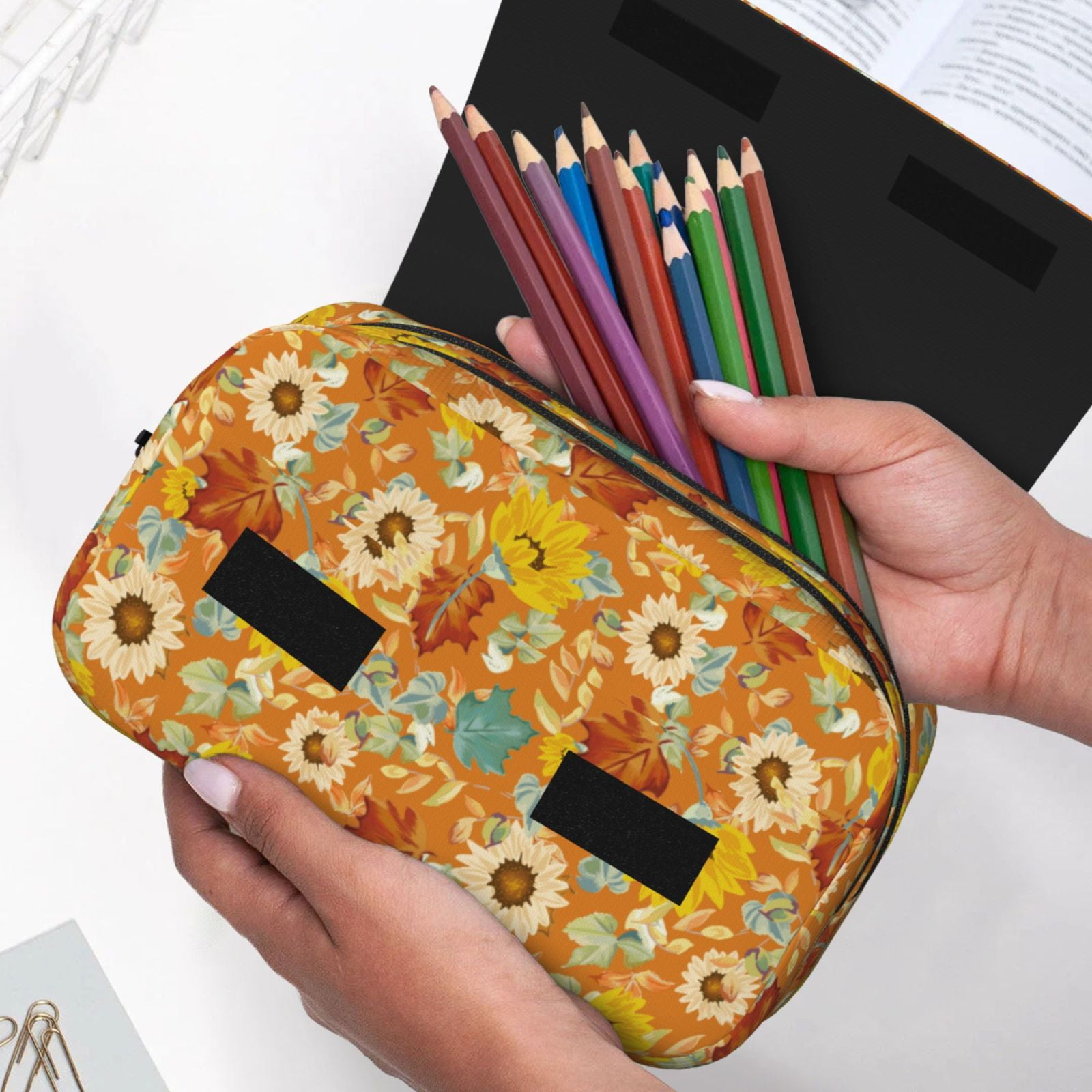 Rateoe Daisy maple fall Pattern Double Clamshell Pen Case, Storage Organizer with Two Zipper Compartments– Holds Up to 50 Pencils & Pens